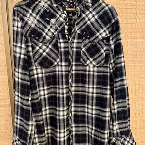Rock Roll N Soul Shirt Plaid Snap Button Long Sleeve White Black L Large Skull